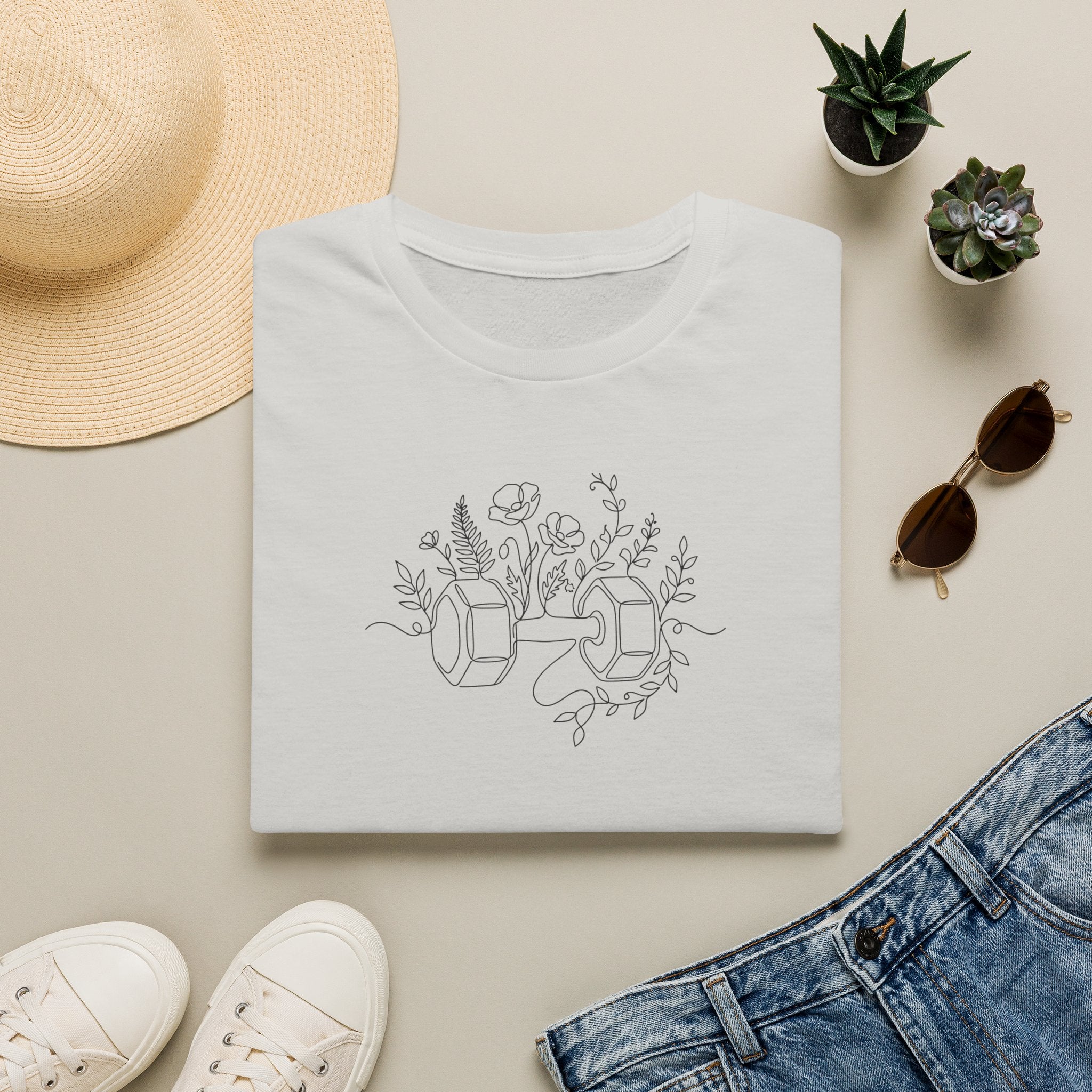 T-Shirt Dumbbell and flowers outline 5000