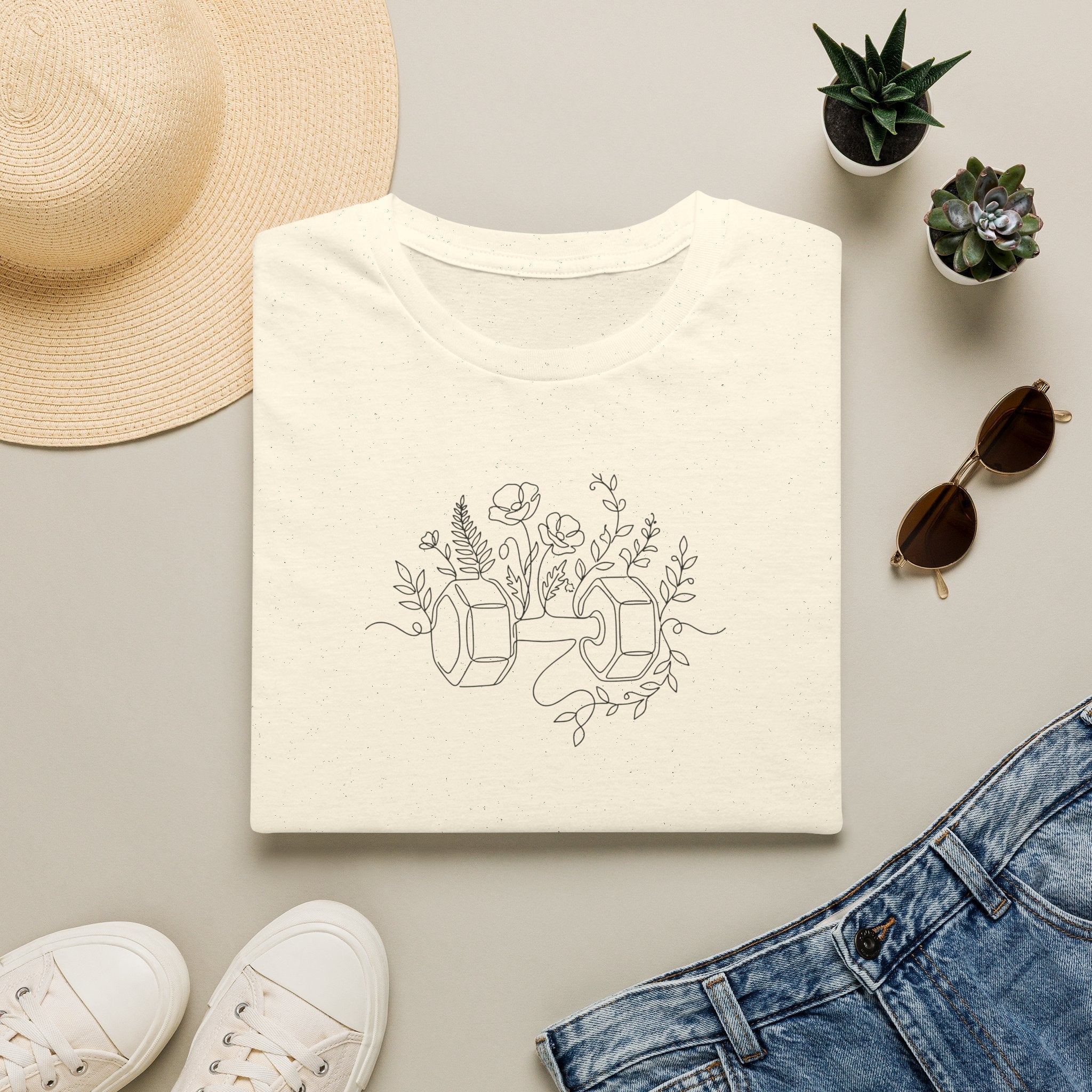 T-Shirt Dumbbell and flowers outline 5000