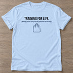 Light Blue Grocery Gains T-shirt — funny gym slogan, for women who train and laugh about it