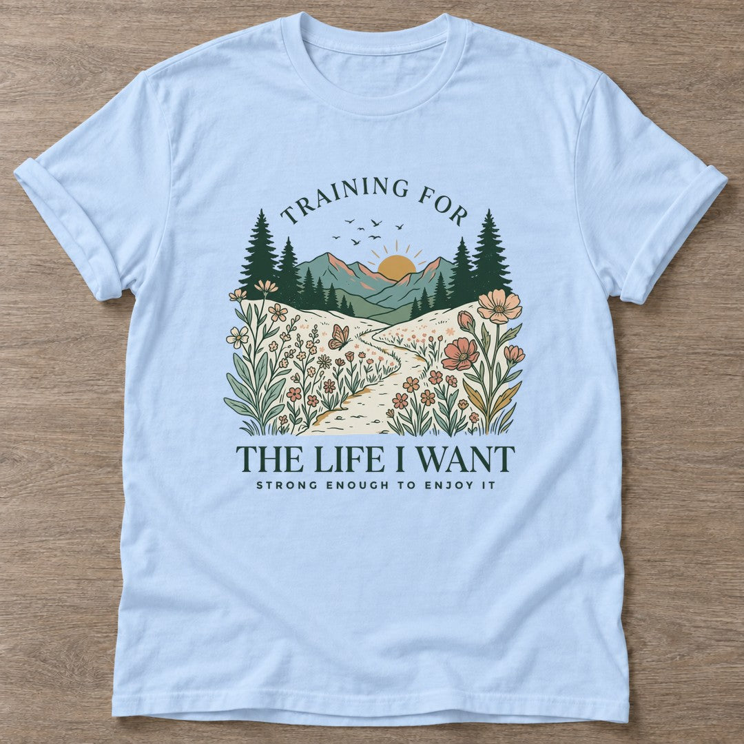 Light Blue Enjoy The Climb T-shirt — motivational slogan design, for women who train