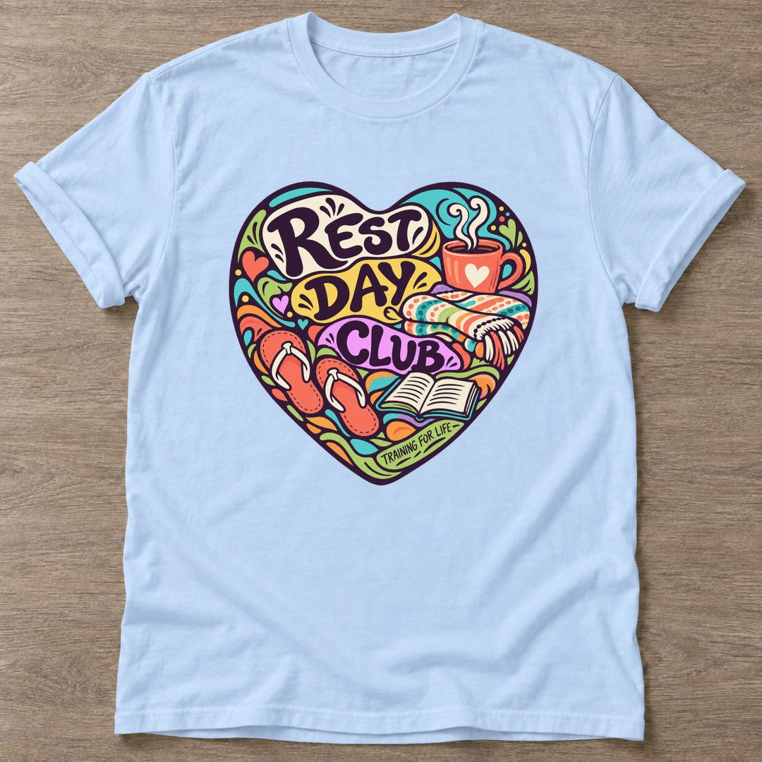 Light Blue Rest Day Club T-shirt — rest and recovery design, for women who train