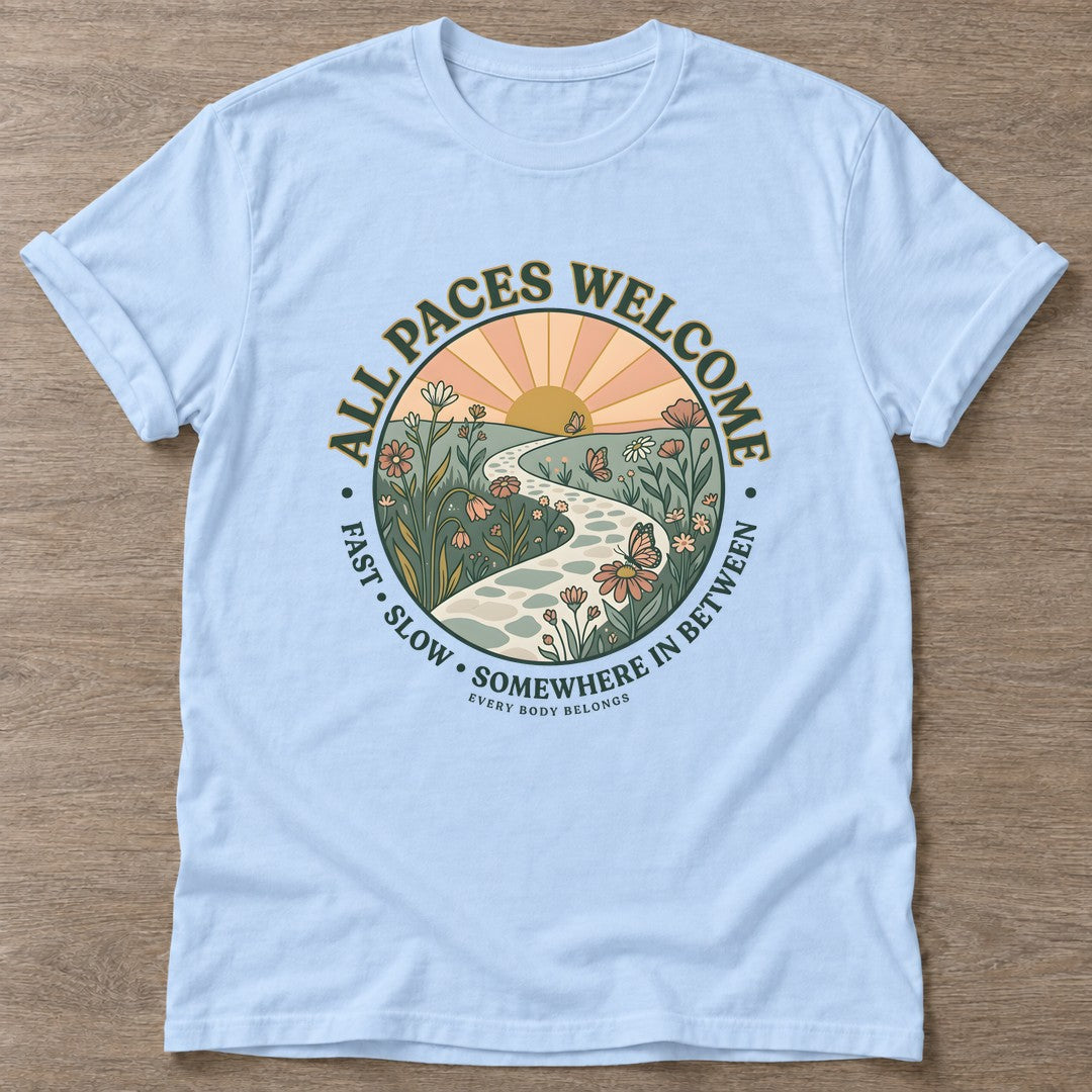 Light Blue Pace Yourself T-shirt — motivational slogan design, for women who train