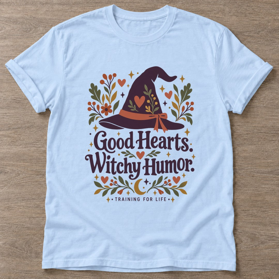 Light Blue Witchy Humor T-shirt — funny gym slogan, for women who train and laugh about it