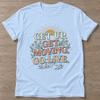 Light Blue Morning Momentum T-shirt — motivational slogan design, for women who train