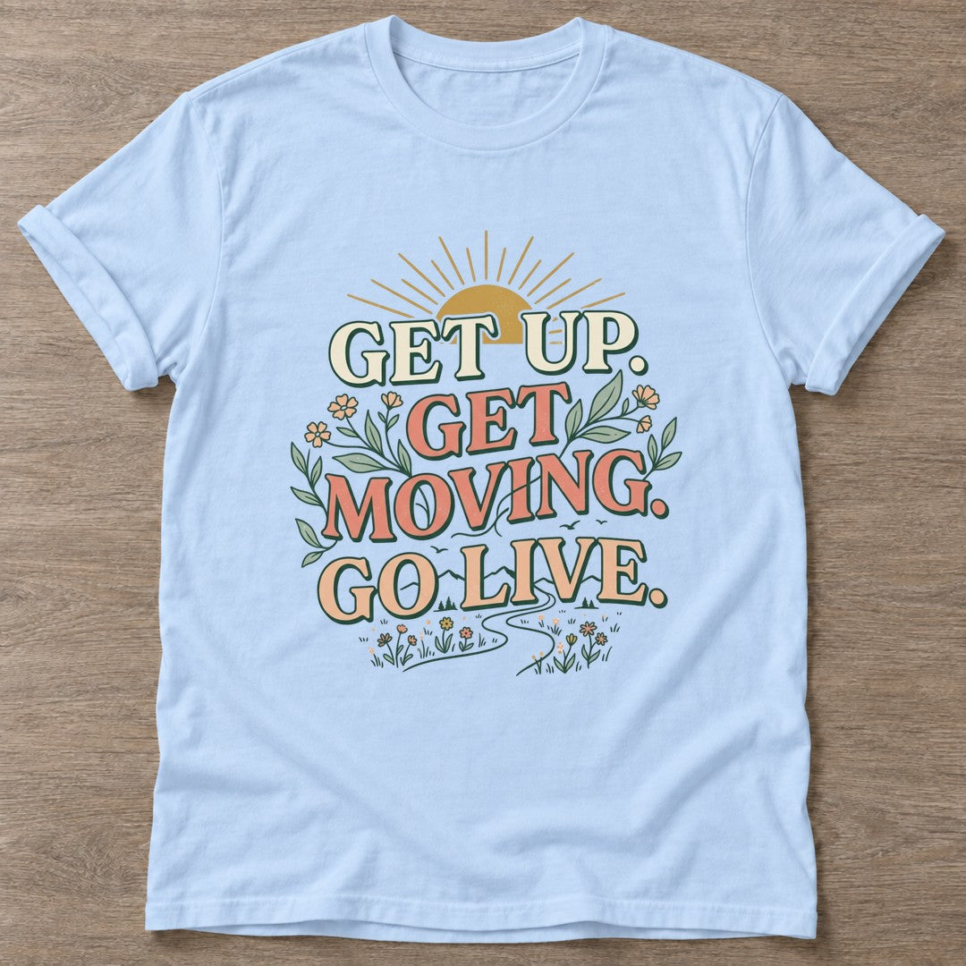Light Blue Morning Momentum T-shirt — motivational slogan design, for women who train