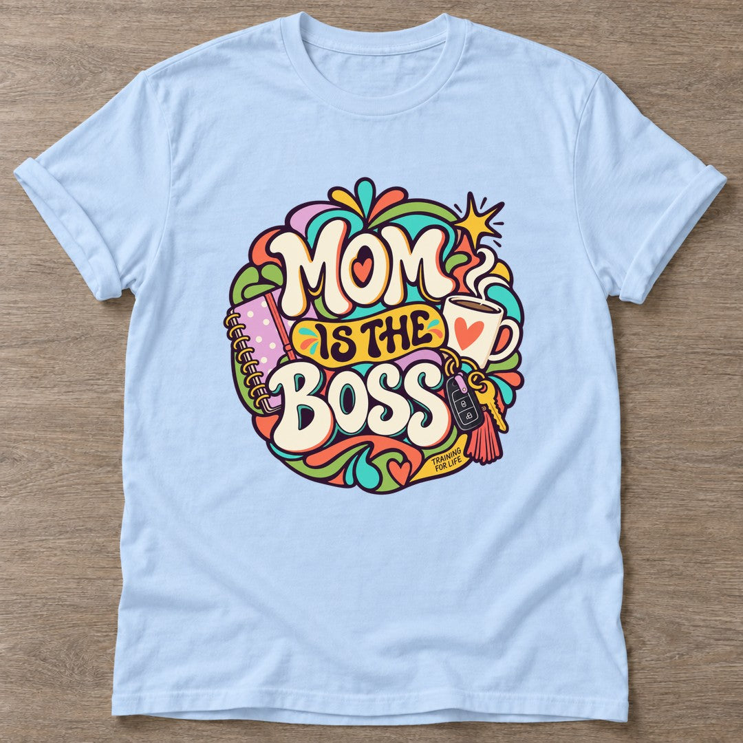 Light Blue Boss Mom T-shirt — motivational slogan design, for women who train