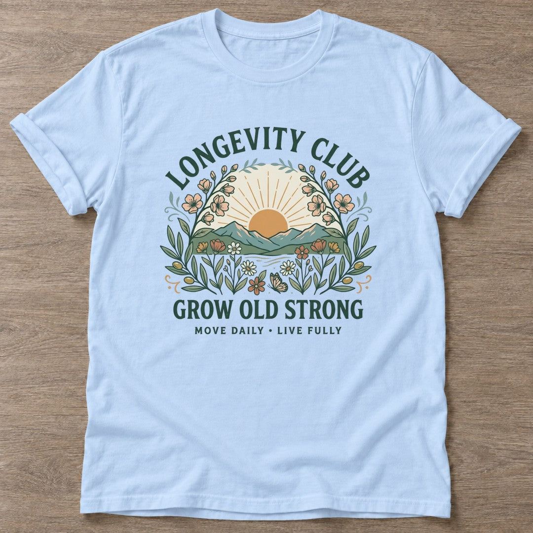 Light Blue Botanical Aging T-shirt — longevity training design, for women over 40