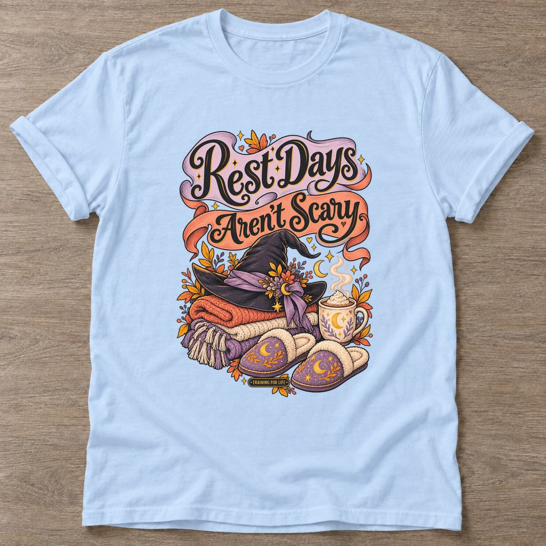 Light Blue Autumn Comfort Witch T-shirt — rest and recovery design, for women who train