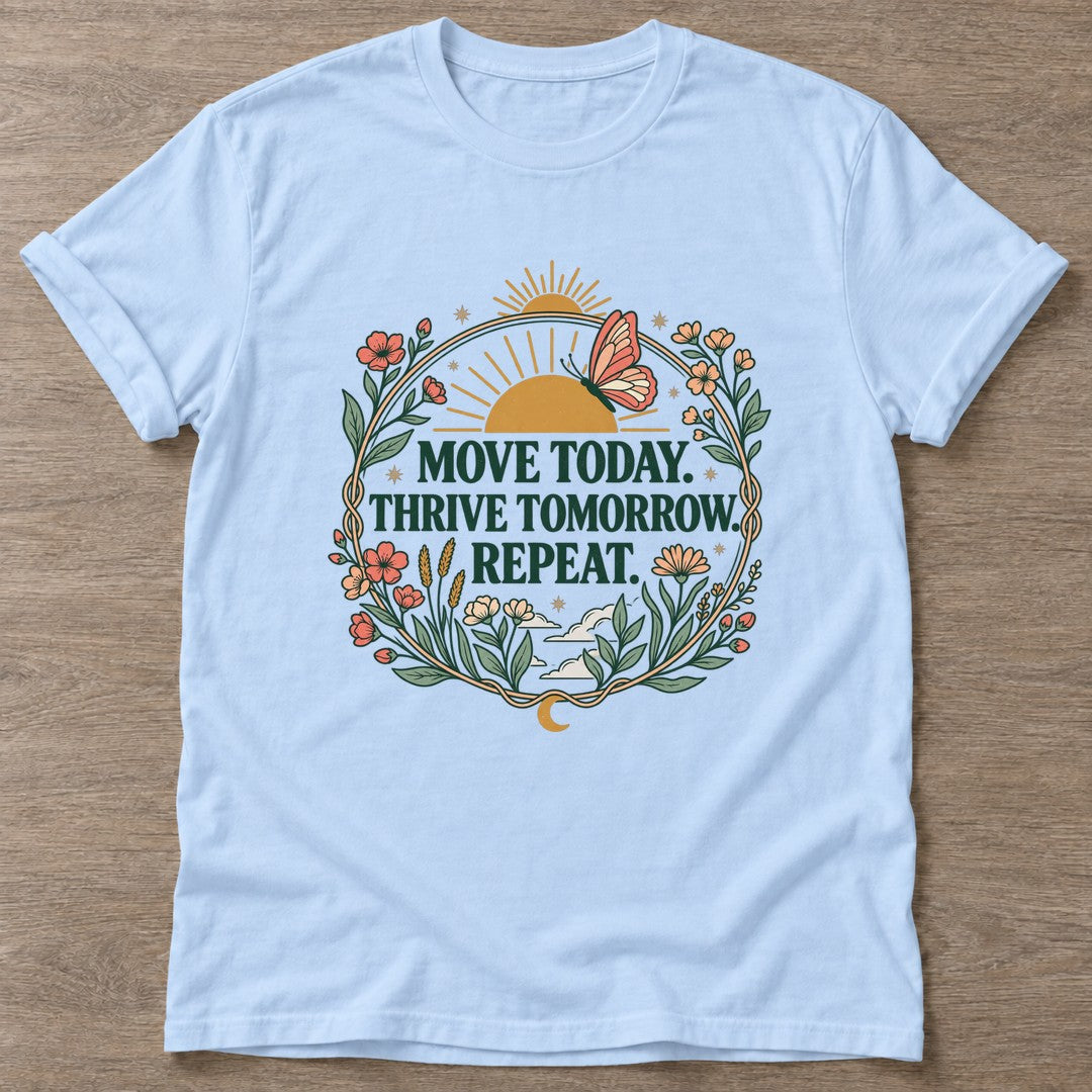 Light Blue Rise And Flourish T-shirt — growth mindset design, for women building a habit