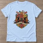 Light Blue Blossom Gains T-shirt — floral strength design, for women who train