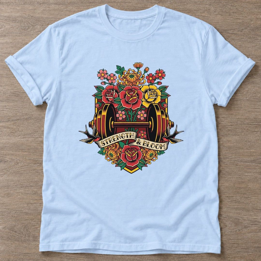 Light Blue Blossom Gains T-shirt — floral strength design, for women who train