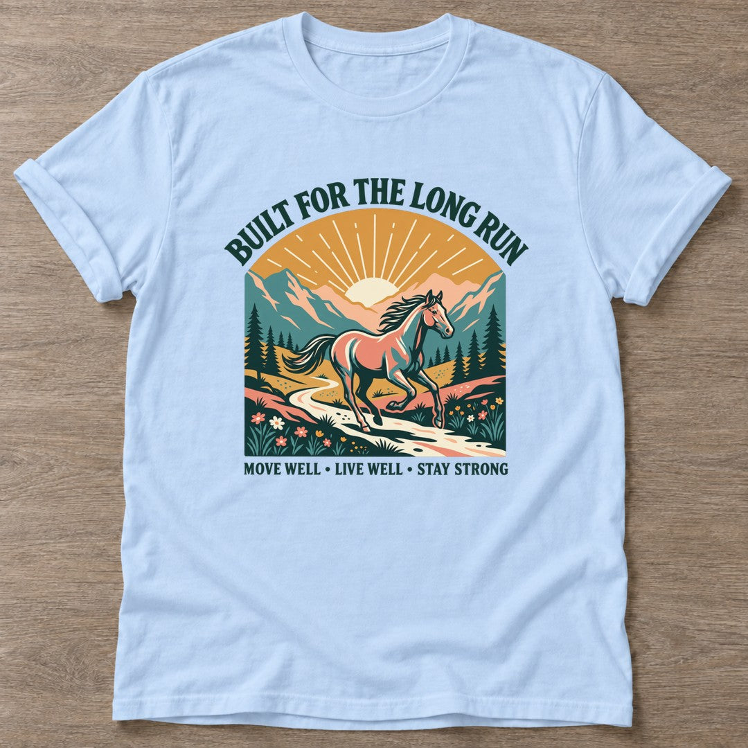 Light Blue Long Run Horse T-shirt — running design, for women who run