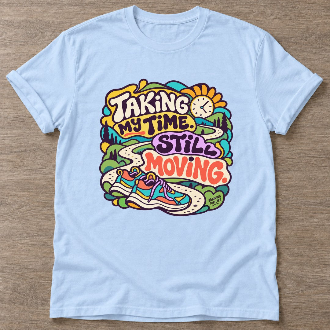 Light Blue Still Moving T-shirt — longevity training design, for women over 40