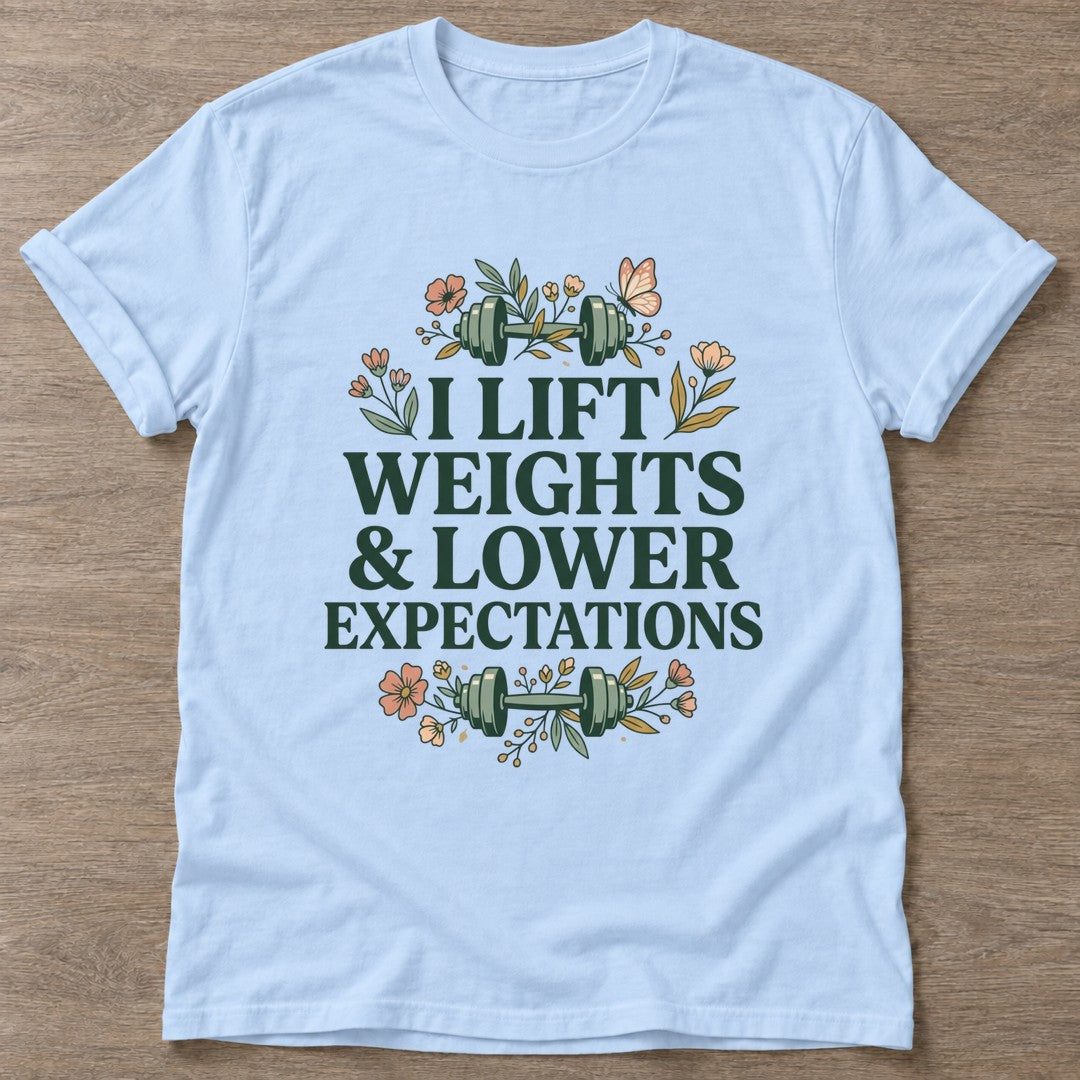 Light Blue Lift And Lower T-shirt — weightlifting design, for women who lift