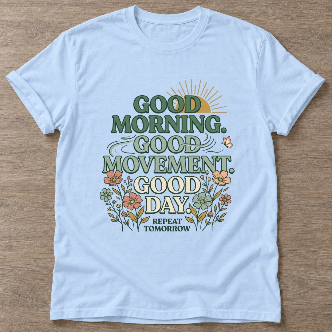 Light Blue Morning Ritual T-shirt — rest and recovery design, for women who train