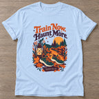 Light Blue Autumn Hustle T-shirt — motivational slogan design, for women who train
