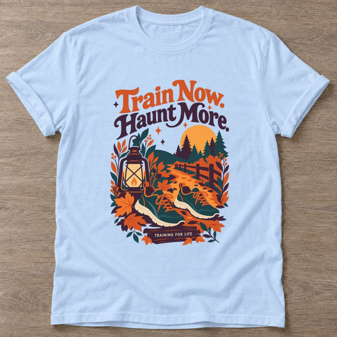 Light Blue Autumn Hustle T-shirt — motivational slogan design, for women who train