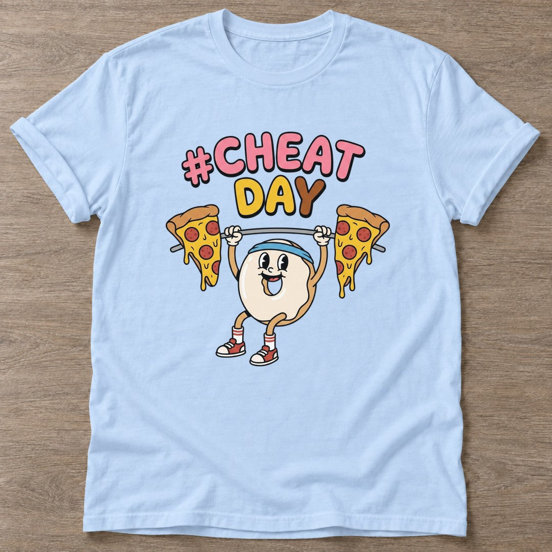 Light Blue Pizza Lift T-shirt — funny gym slogan, for women who train and laugh about it