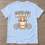Light Blue Mighty Corgi T-shirt — funny gym slogan, for women who train and laugh about it
