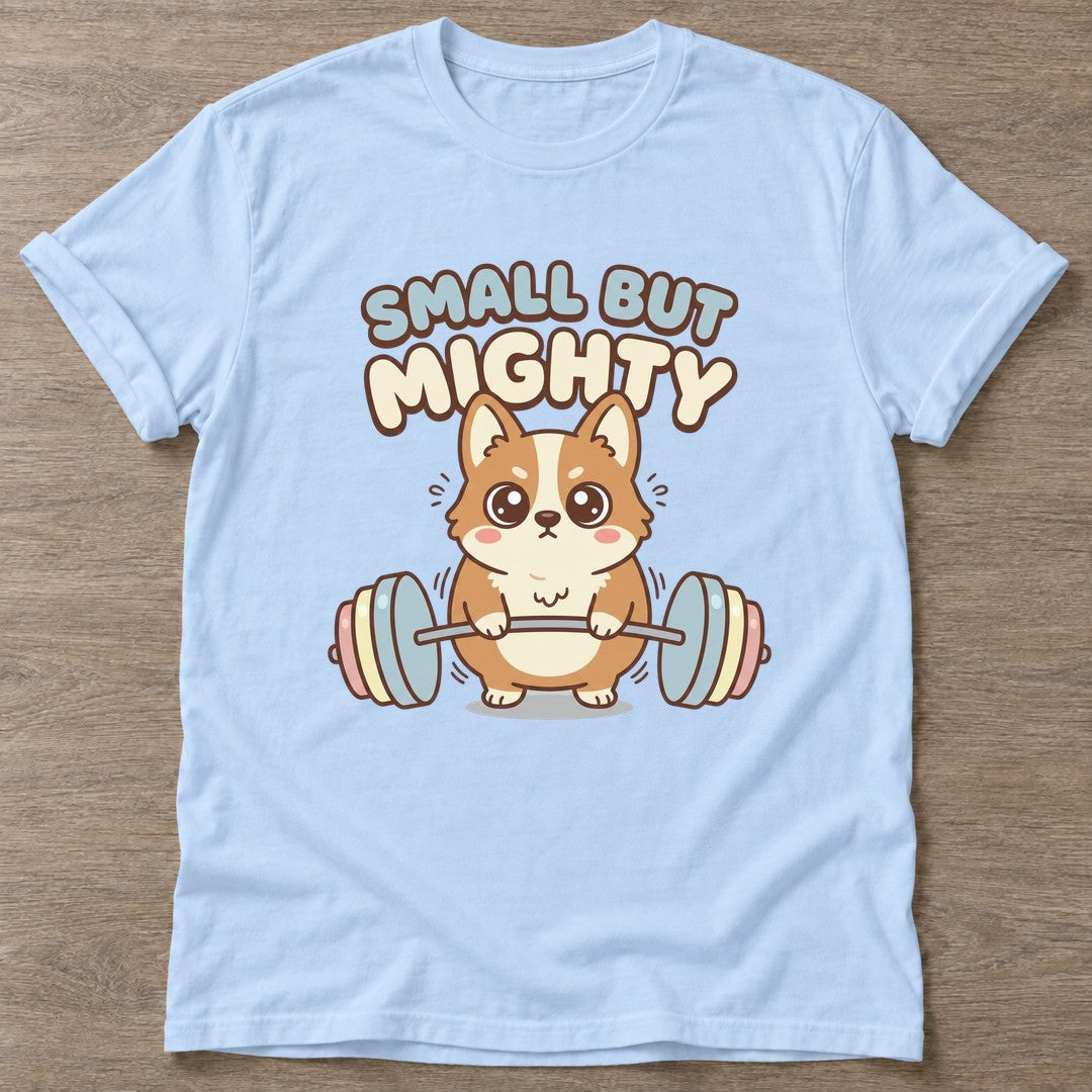 Light Blue Mighty Corgi T-shirt — funny gym slogan, for women who train and laugh about it