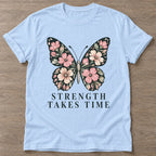 Light Blue Bloom Patience T-shirt — floral strength design, for women who train