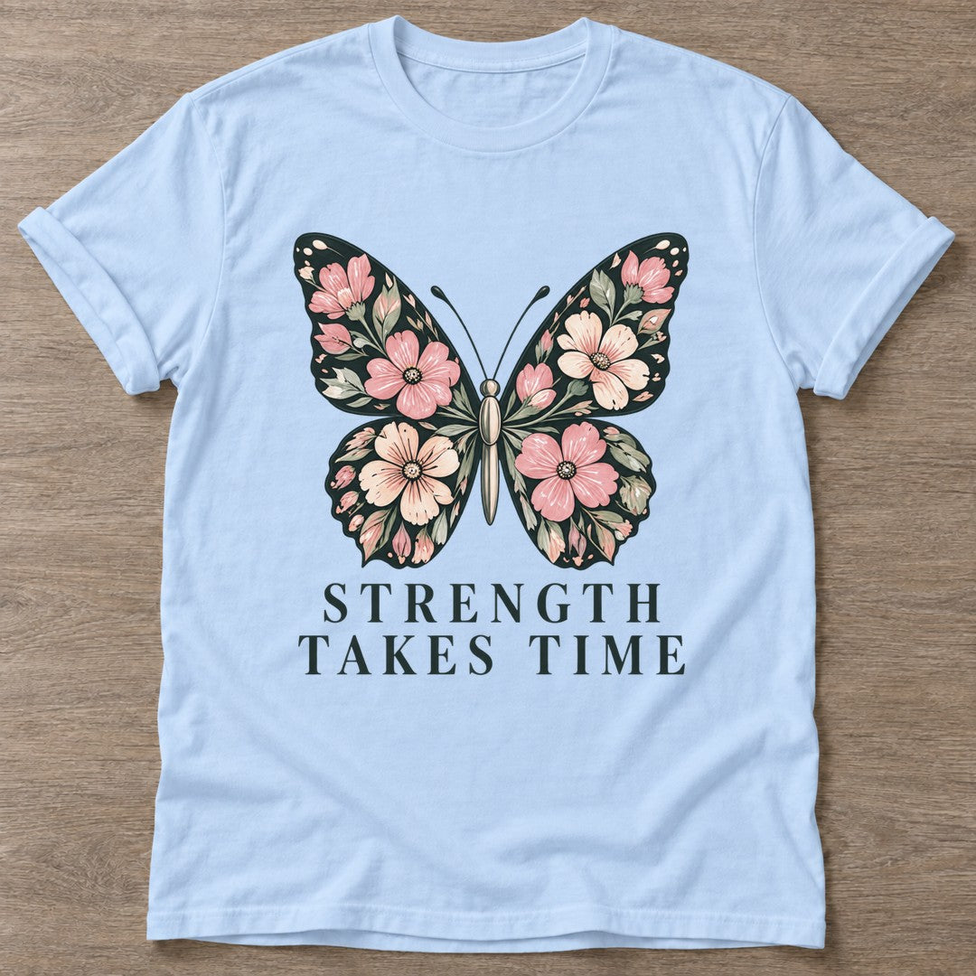 Light Blue Bloom Patience T-shirt — floral strength design, for women who train