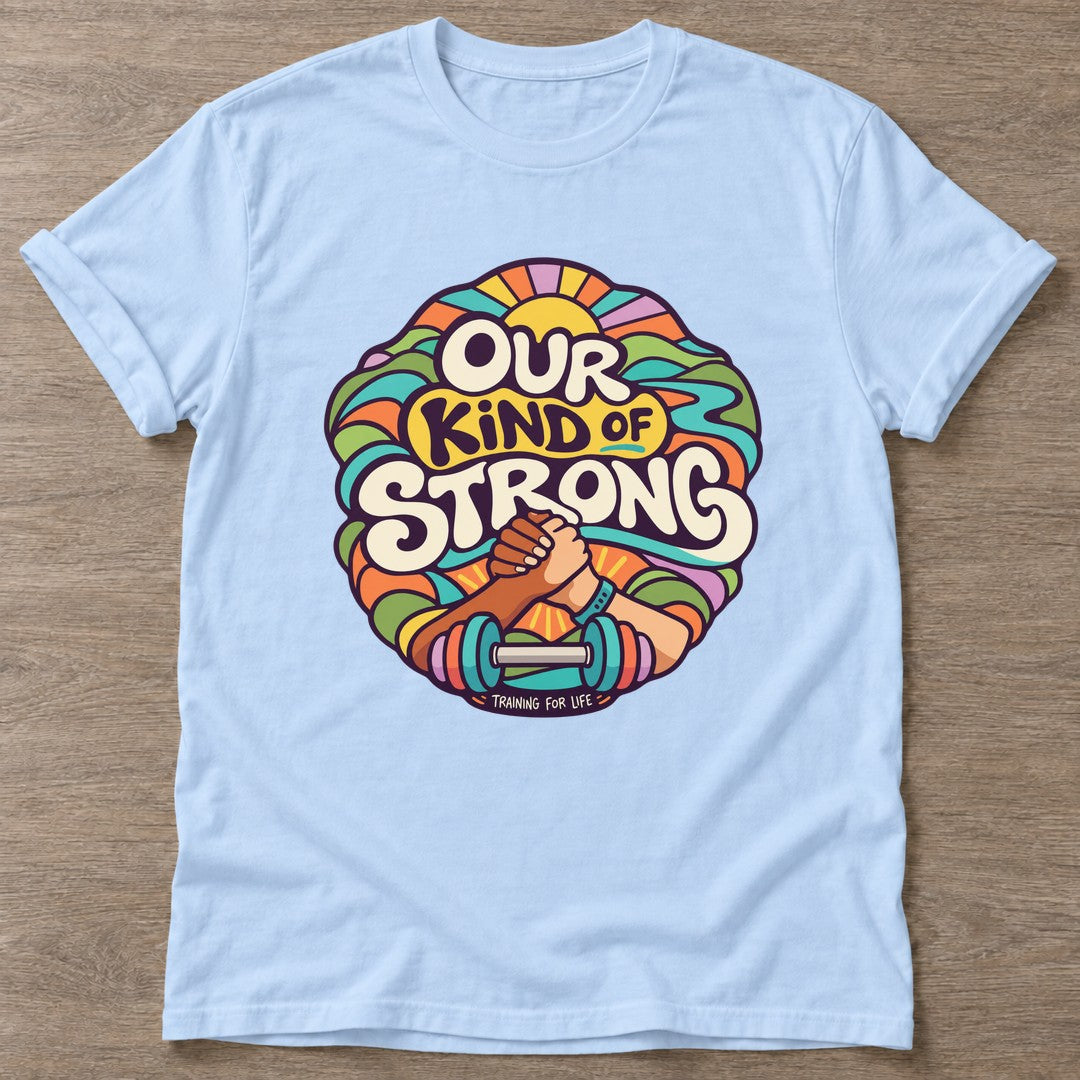 Light Blue Strong Grip T-shirt — weightlifting design, for women who lift