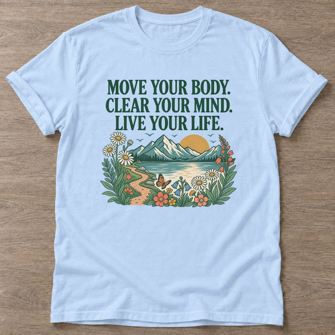 Light Blue Motion Brings Clarity T-shirt — everyday workout design, for women who move