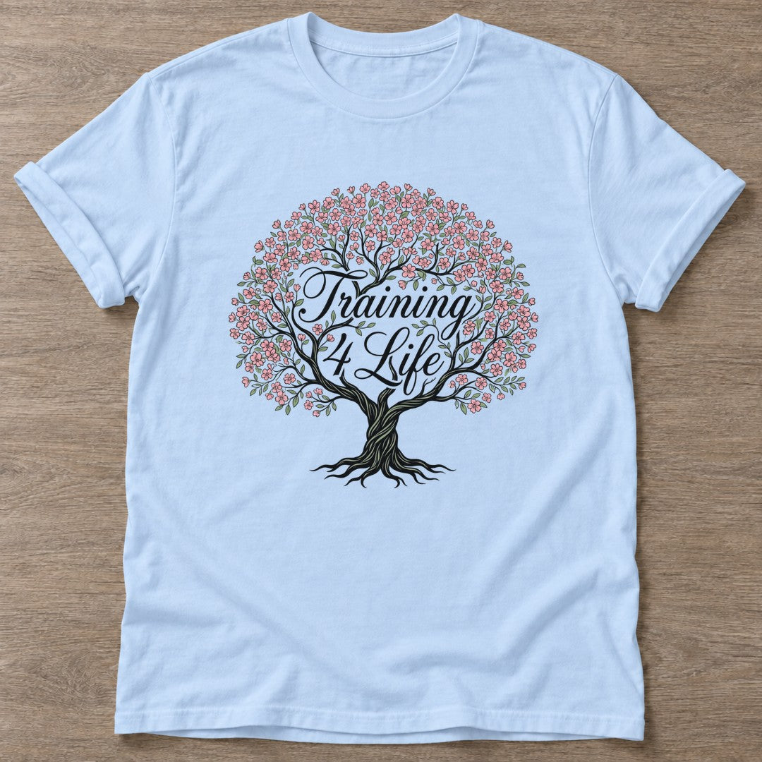 Light Blue Blossom Strong T-shirt — floral strength design, for women who train