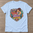 Light Blue Built For Hugs T-shirt — body positive design, for every body in the gym