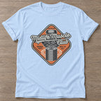 Light Blue High Mileage Garage T-shirt — longevity training design, for women over 40