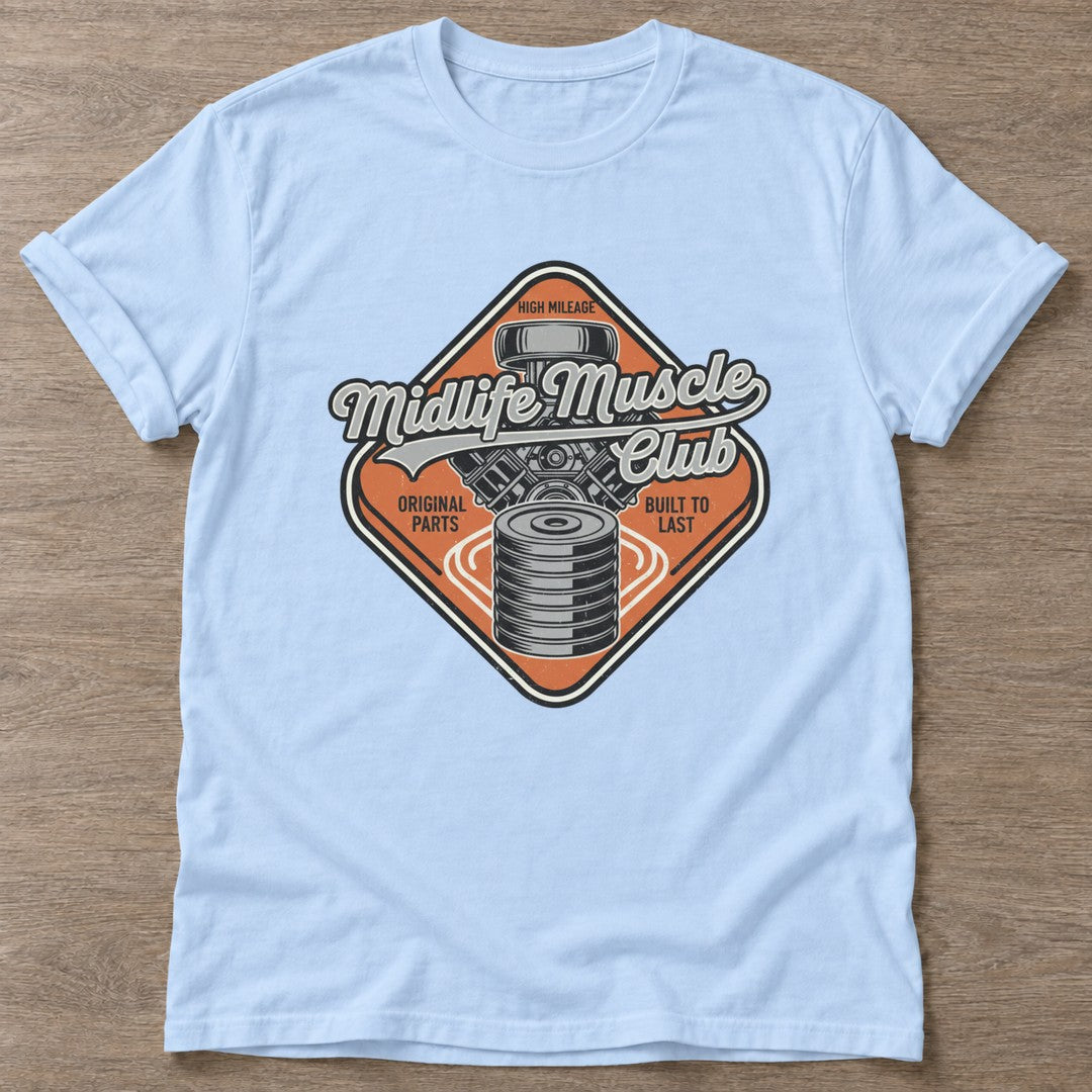Light Blue High Mileage Garage T-shirt — longevity training design, for women over 40