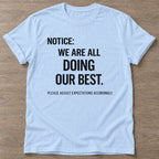 Light Blue Realistic Standards T-shirt — funny gym slogan, for women who train and laugh about it