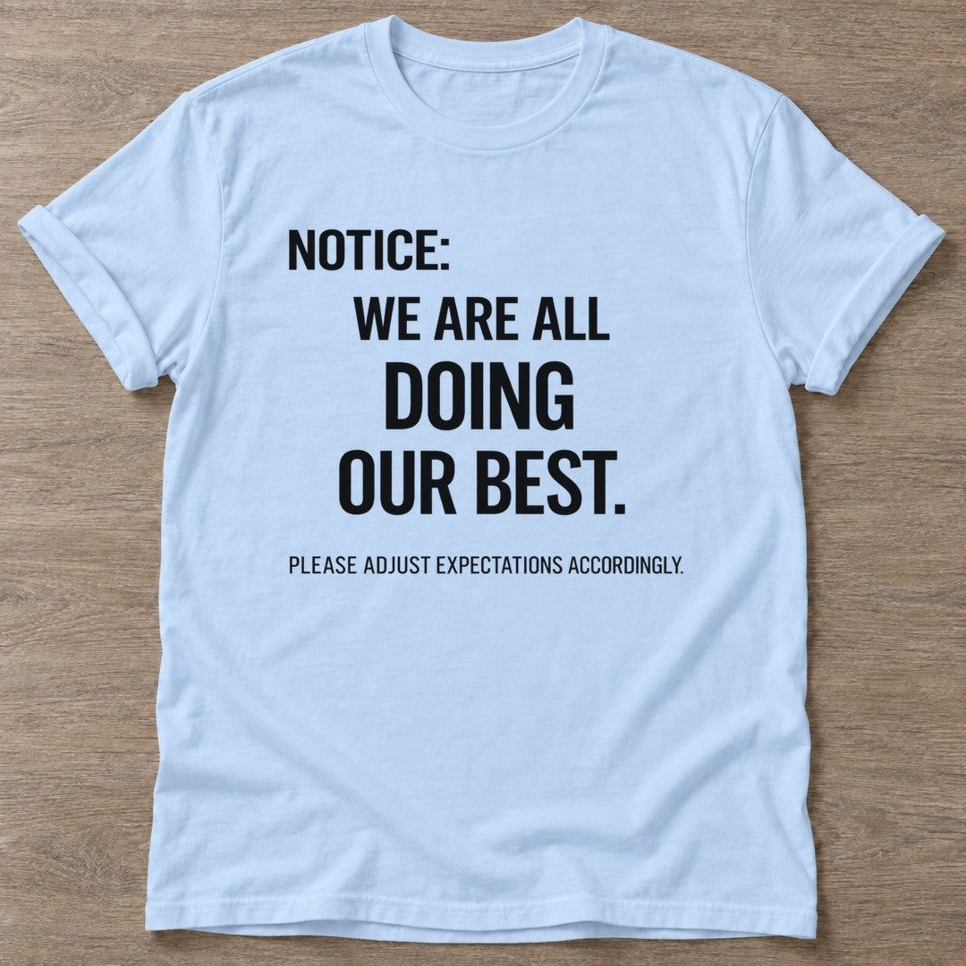 Light Blue Realistic Standards T-shirt — funny gym slogan, for women who train and laugh about it