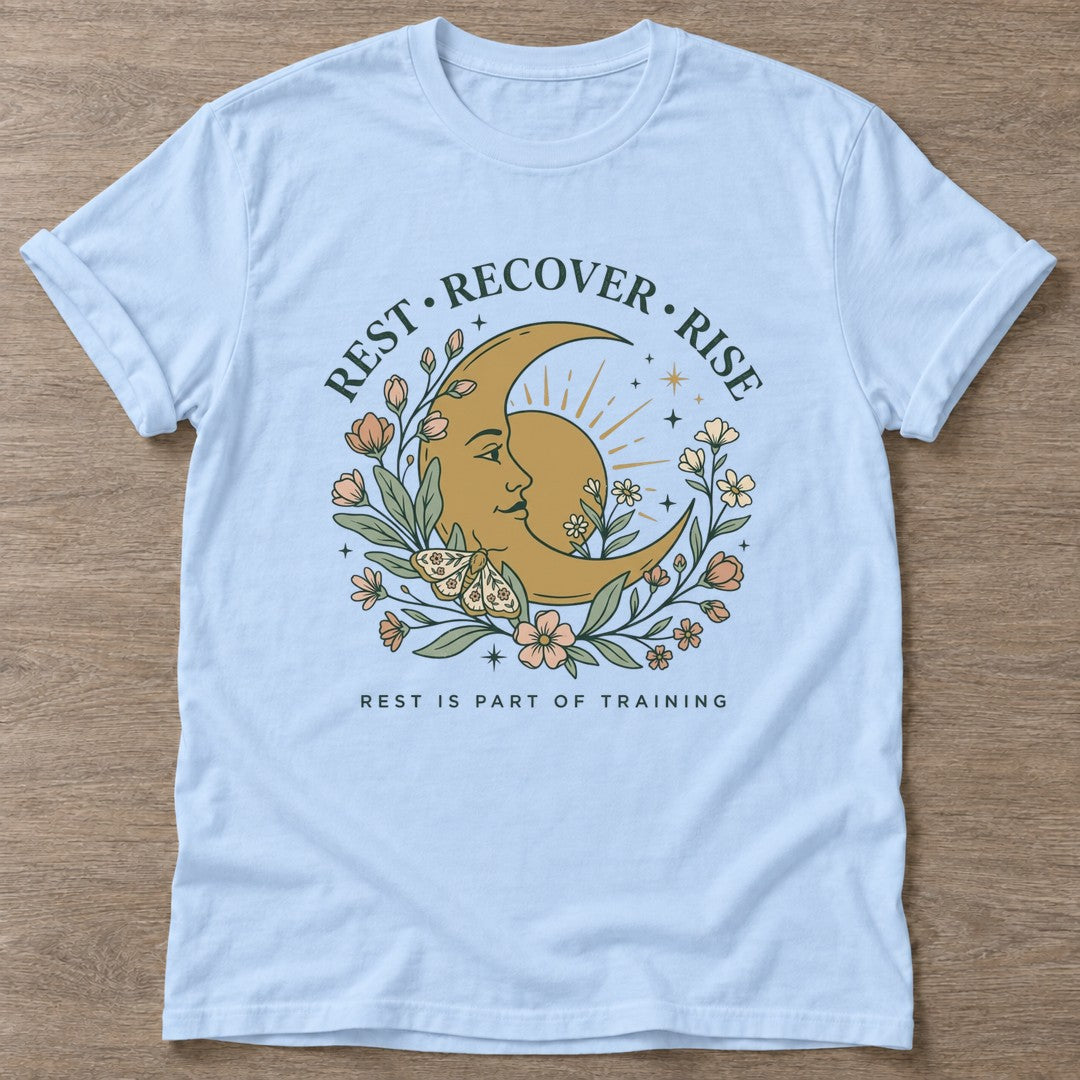 Light Blue Celestial Recovery T-shirt — rest and recovery design, for women who train