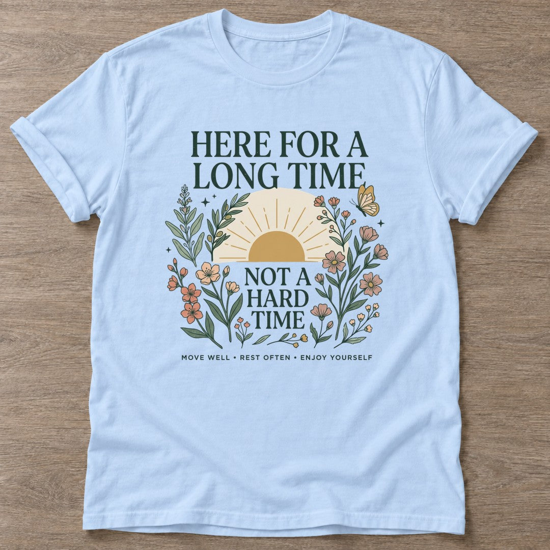 Light Blue Long Time Energy T-shirt — longevity training design, for women over 40