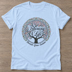 Light Blue Blooming Purpose T-shirt — floral strength design, for women who train