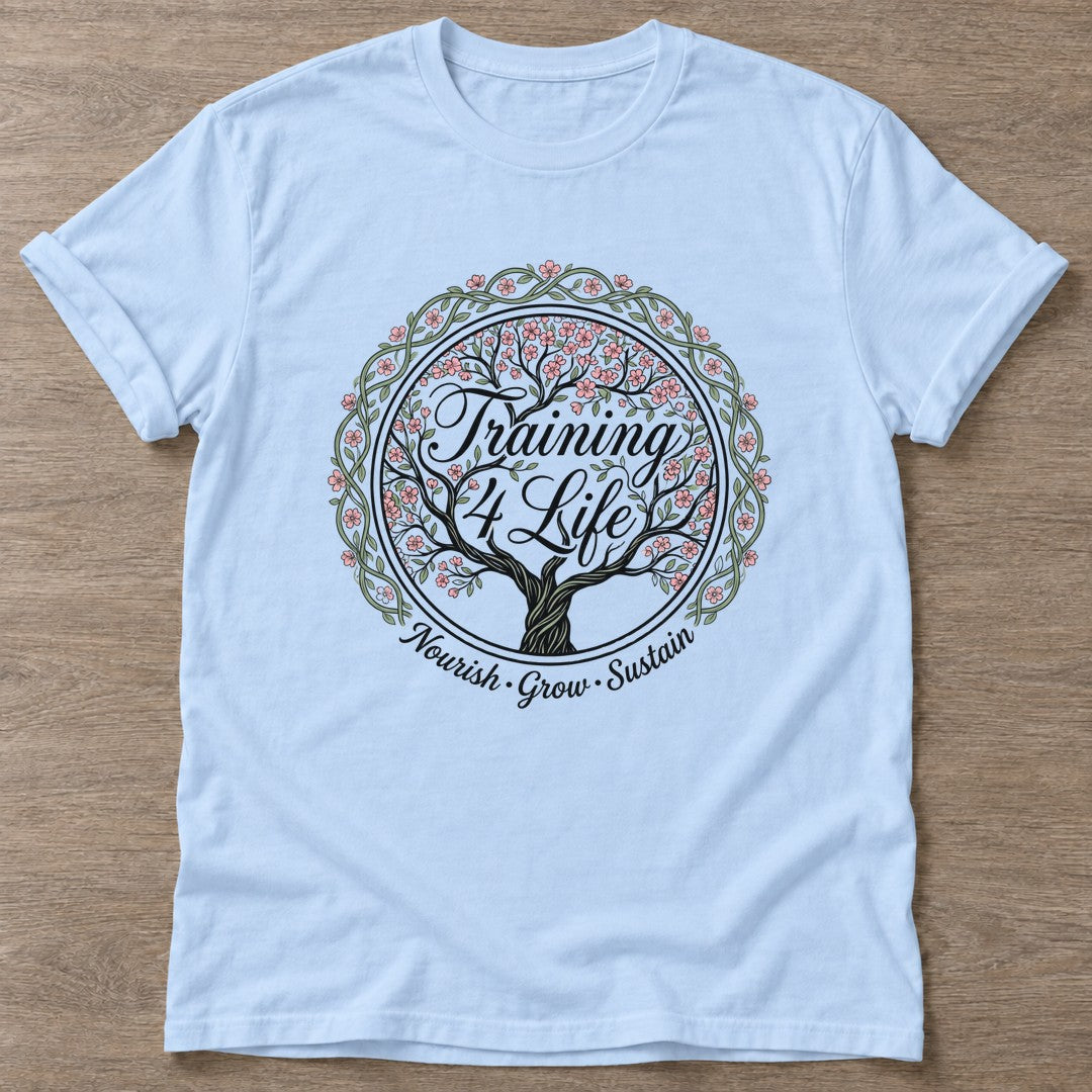 Light Blue Blooming Purpose T-shirt — floral strength design, for women who train