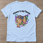 Light Blue Sloth T-shirt — funny gym slogan, for women who train and laugh about it