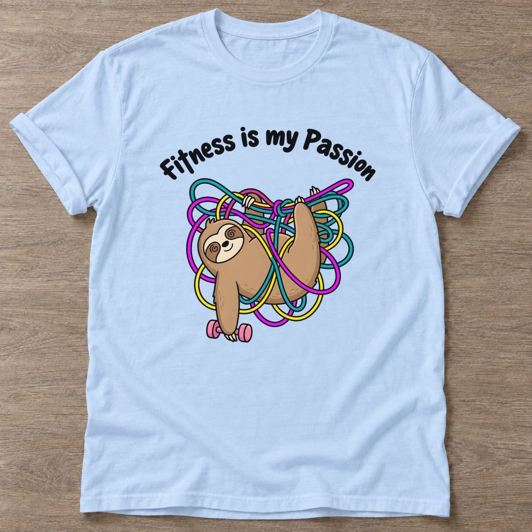Light Blue Sloth T-shirt — funny gym slogan, for women who train and laugh about it