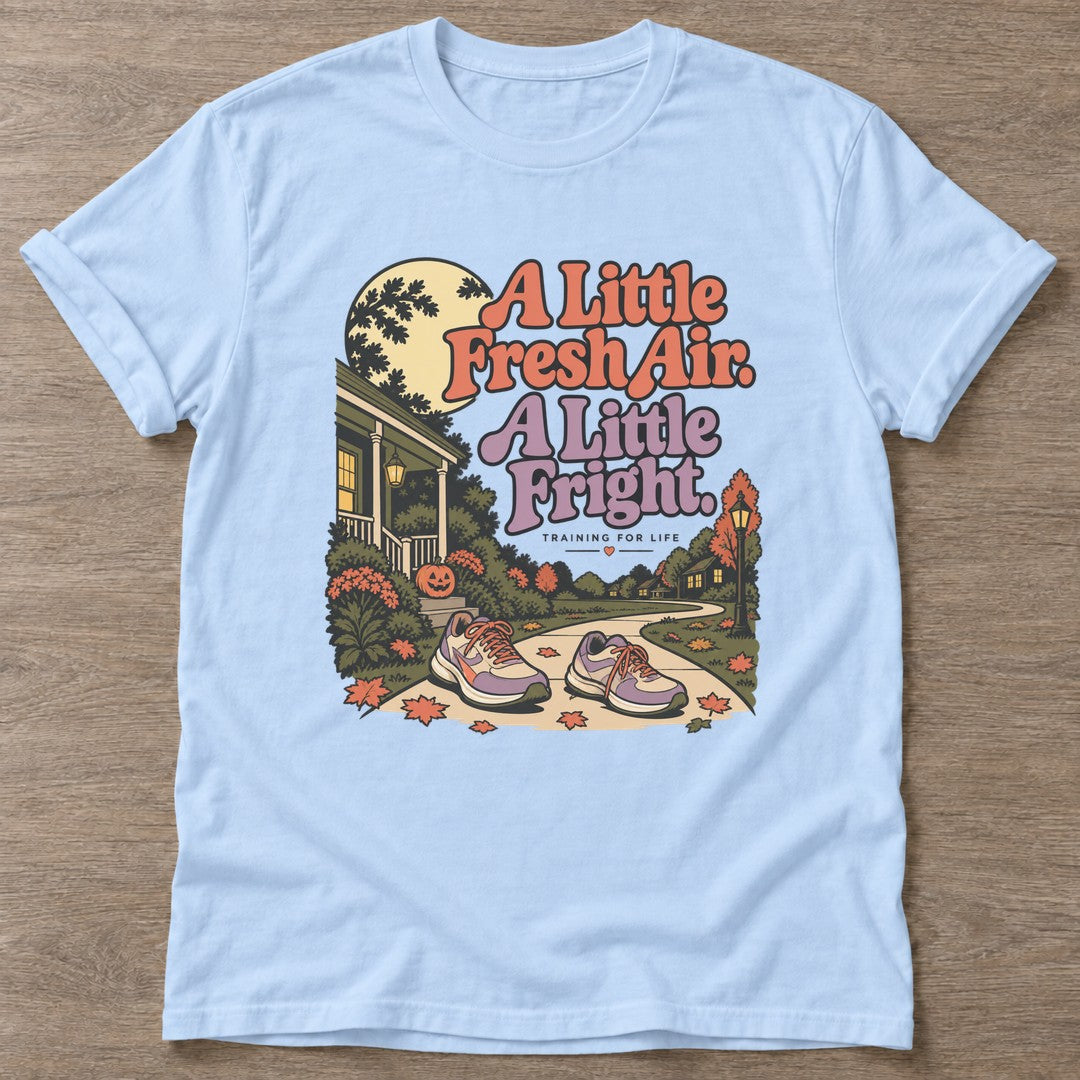 Light Blue Fresh Air Fright T-shirt — walking club design, for women who walk