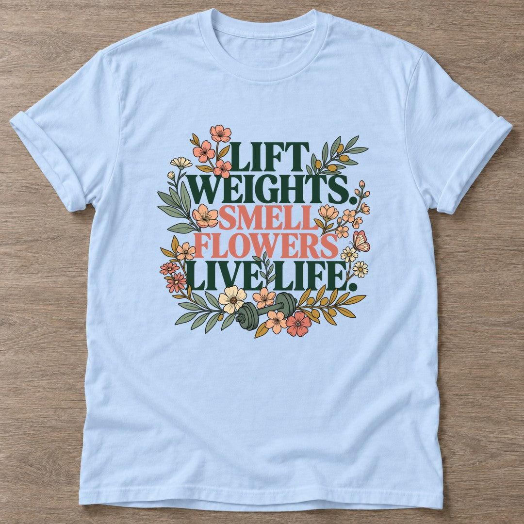 Light Blue Flower Gains T-shirt — floral strength design, for women who train