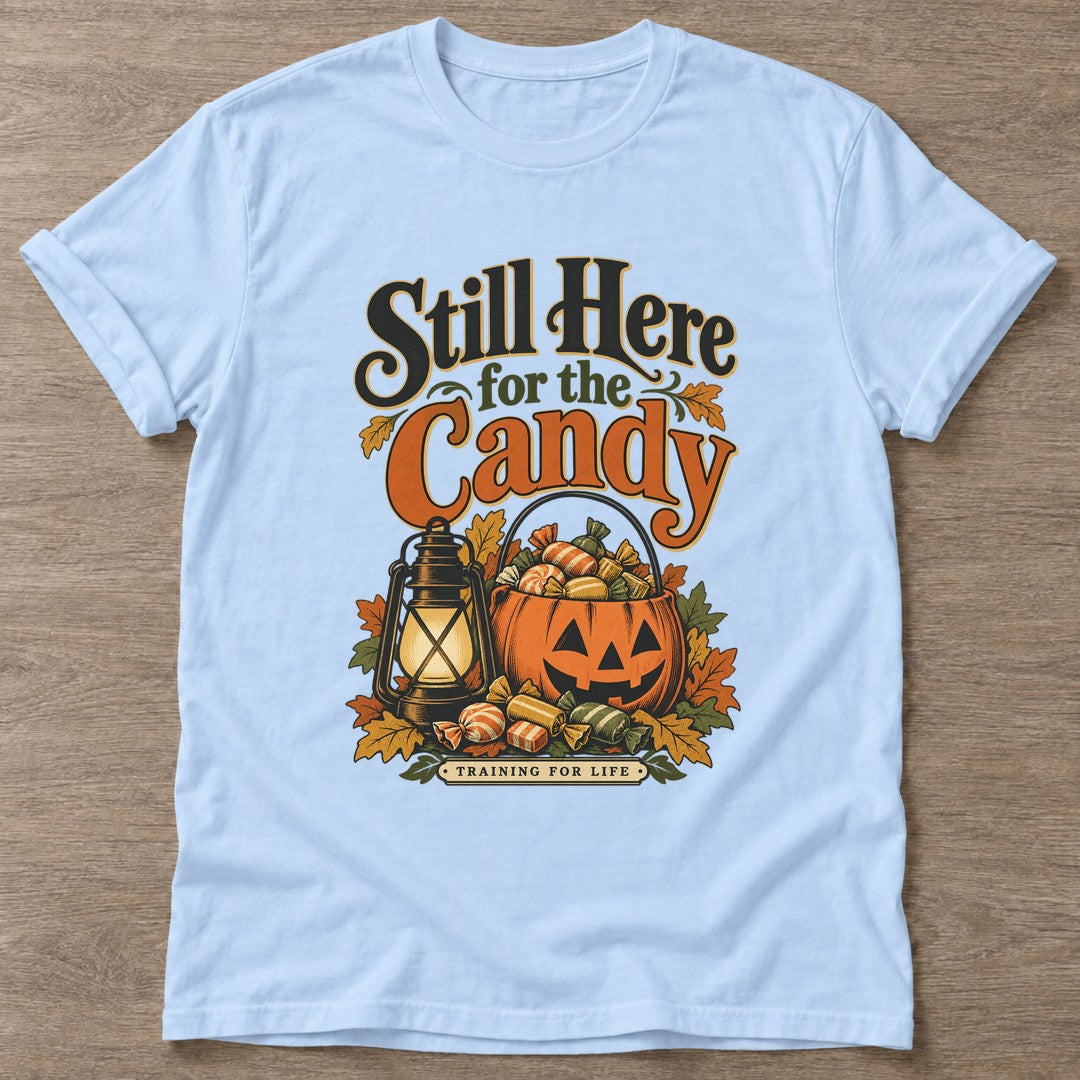 Light Blue Candy Training T-shirt — funny gym slogan, for women who train and laugh about it