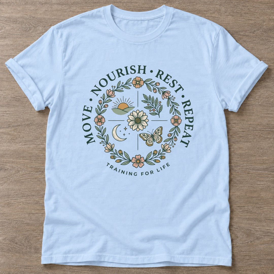 Light Blue Nourish Repeat T-shirt — rest and recovery design, for women who train