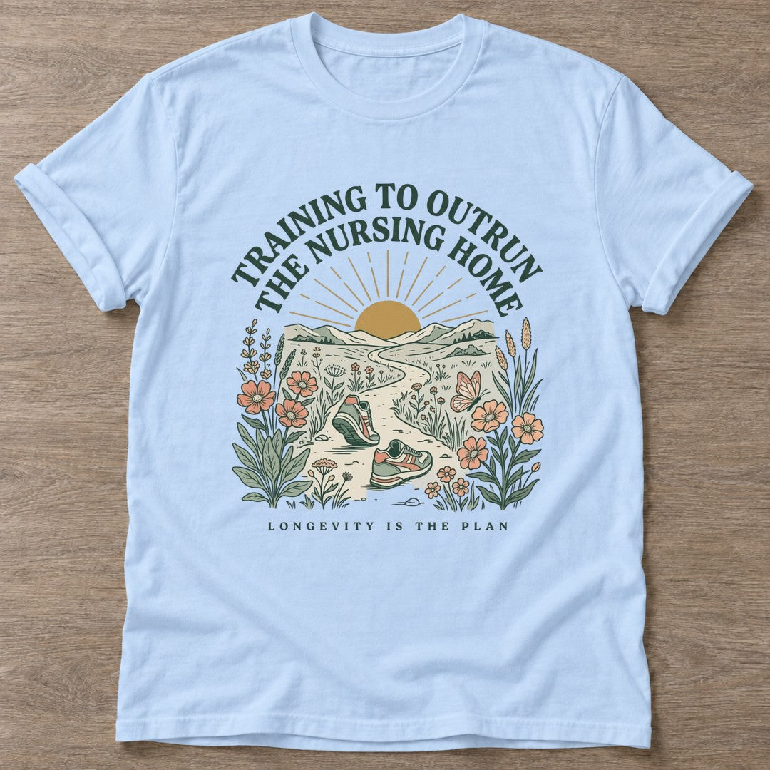 Light Blue Training To Outrun T-shirt — running design, for women who run