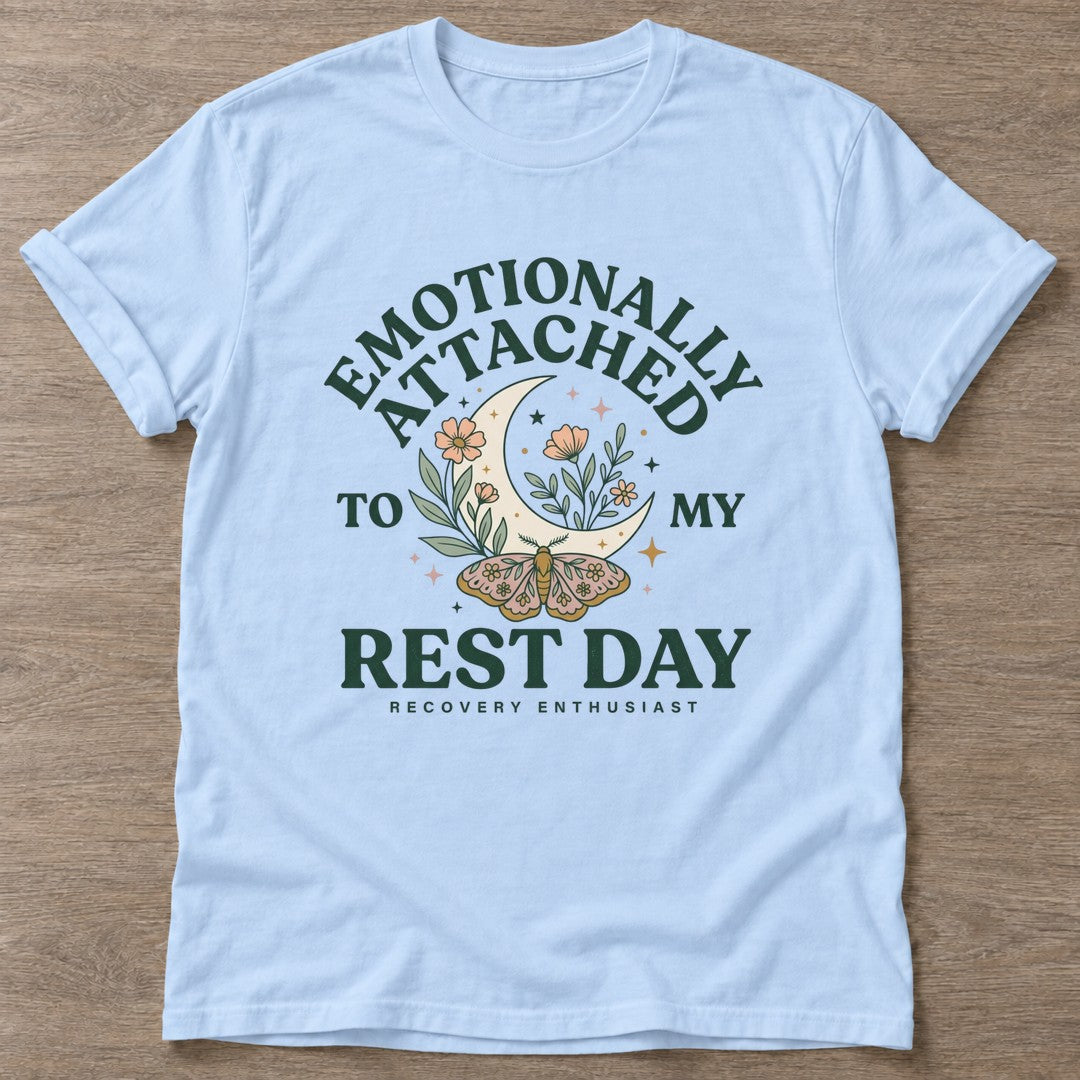 Light Blue Moth Moon Mood T-shirt — rest and recovery design, for women who train