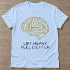 Light Blue Mind Over Matter T-shirt — motivational slogan design, for women who train