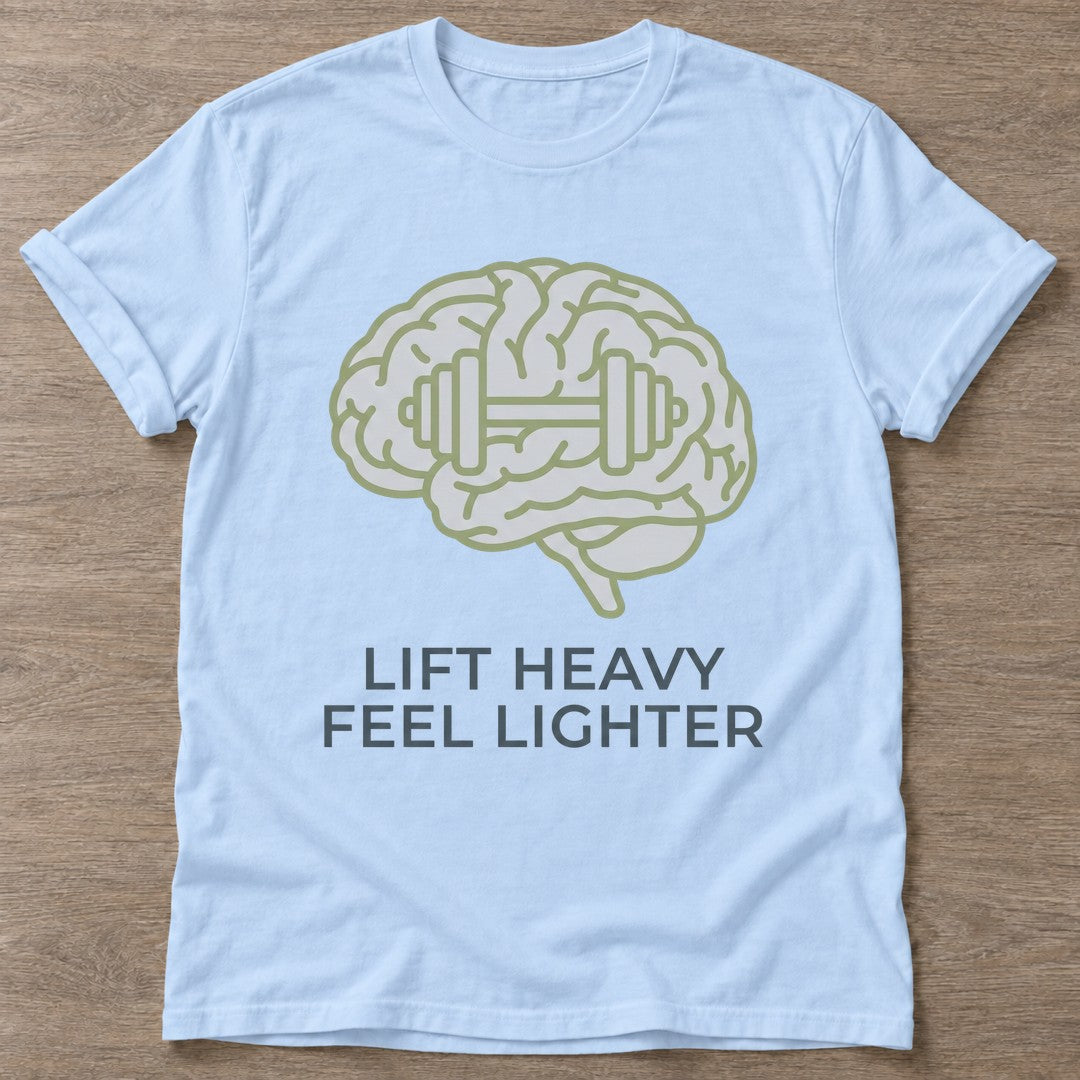 Light Blue Mind Over Matter T-shirt — motivational slogan design, for women who train