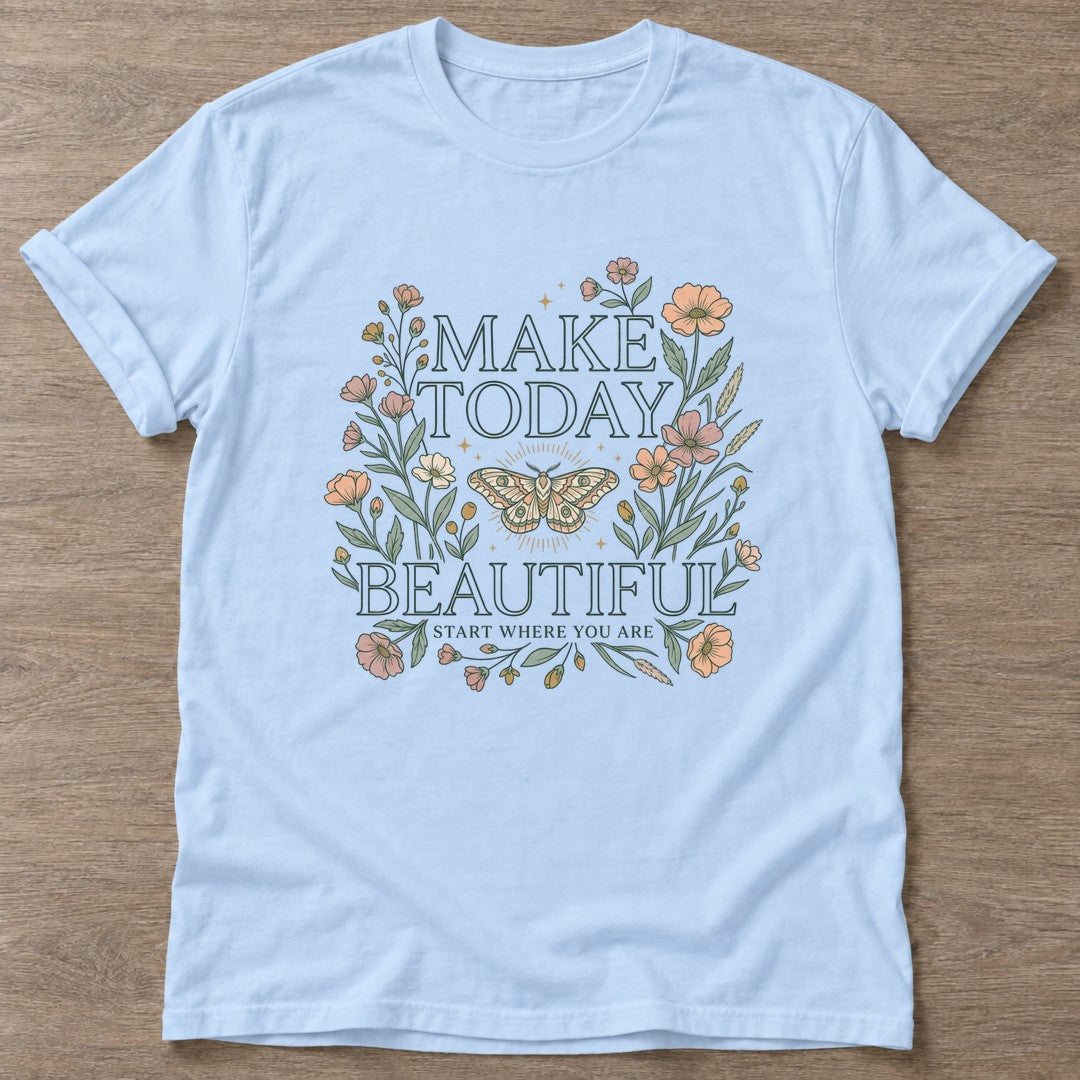 Light Blue Beautiful Starts Now T-shirt — motivational slogan design, for women who train
