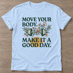Light Blue Dumbbell Bloom T-shirt — floral strength design, for women who train
